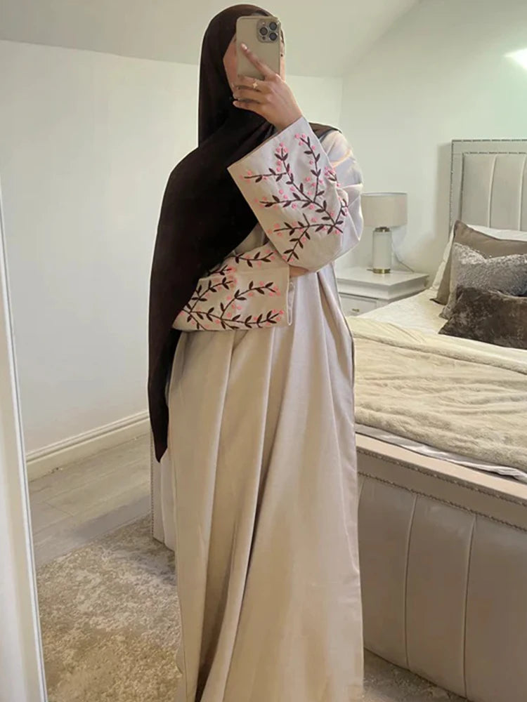 Floral Embroidery Muslim Dress for Women Eid Morocco Ramadan Lace-up Abayas Kaftan Islam Vestidos Largo Dubai Arab Long Robe - Seprincess