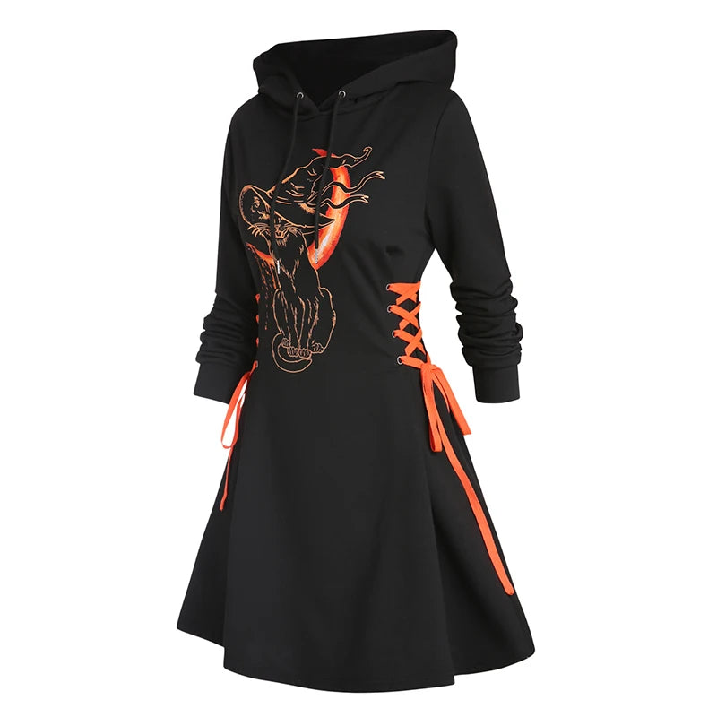 Dressfo 2024 Womens Gothic Hoodie Dress Cat Hat Moon Print Lace Up Long Sleeve A Line Mini Dress Christmas Sweatshirt Dresses - Seprincess