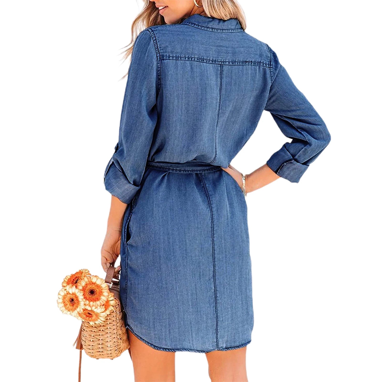 Fashion Women Casual Denim Dress Solid Color Long Sleeve Button-Down Lapel Short Dress with Belt Shirts Dress - Seprincess