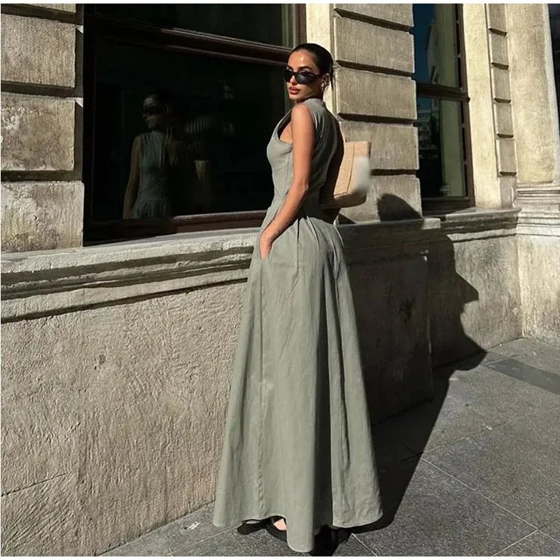 Fashion Sleeveless Spliced Zipper Maxi Dress Elegant V-neck High Waist Slim Pleated Long Dresses Summer Office Lady Street Robes - Seprincess