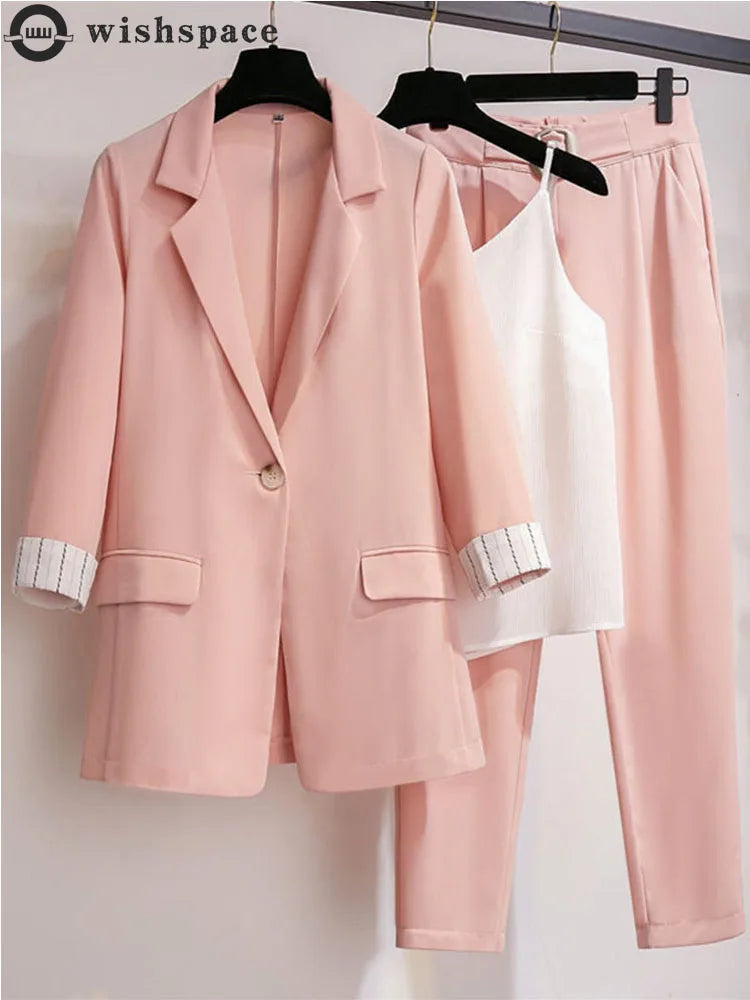 2023 spring new plus size Korean elegant women's suit female blazer leisure pants Tweed suit jacket three piece jacket pants set - Seprincess