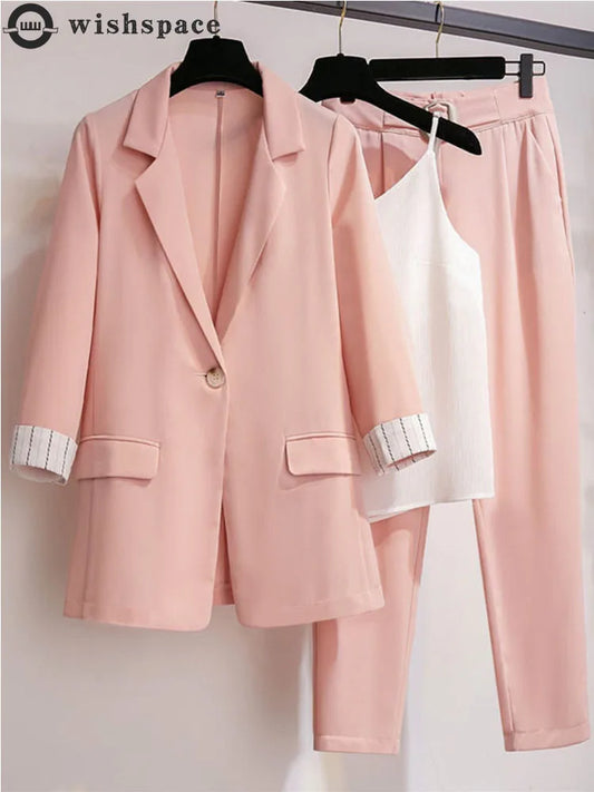 2023 spring new plus size Korean elegant women's suit female blazer leisure pants Tweed suit jacket three piece jacket pants set - Seprincess