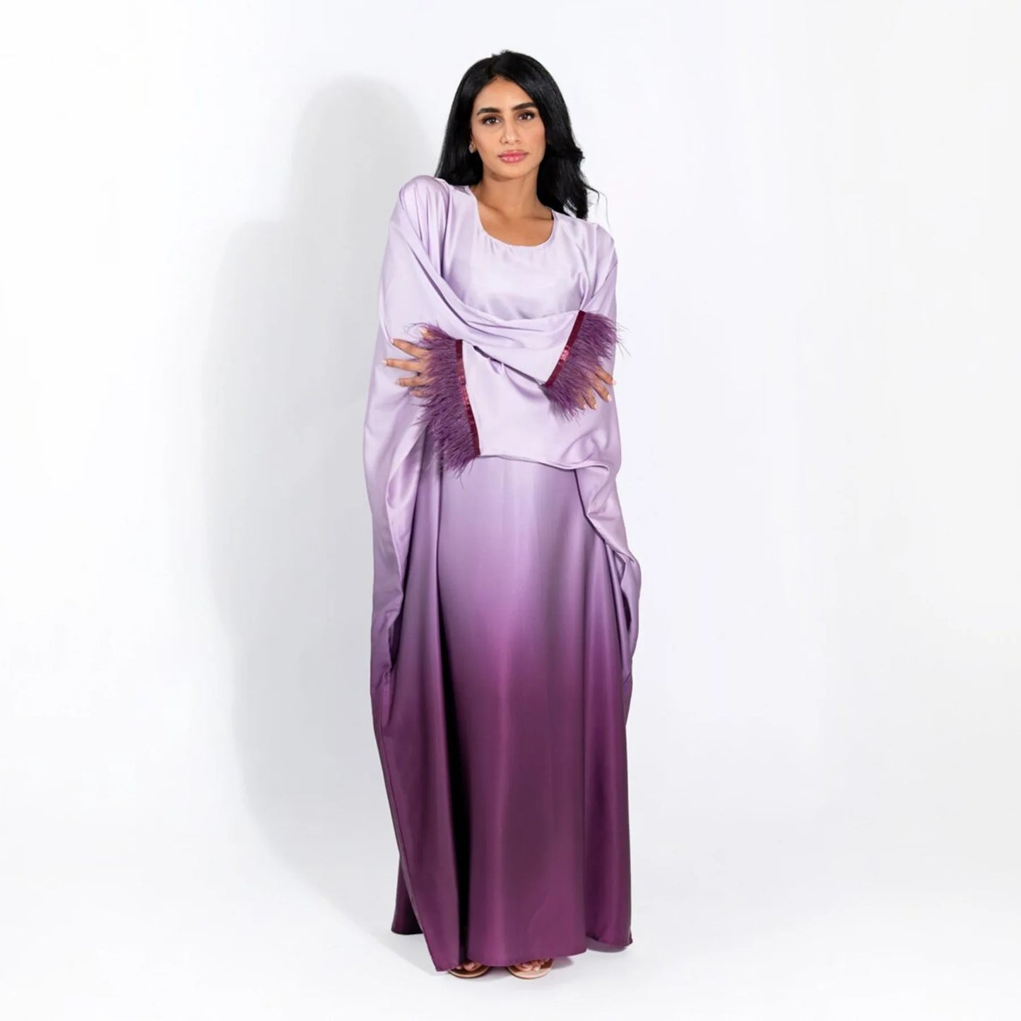 Fashion Shiny Feather Cuff Muslim Dress Robe Female Full Length Soft Butterflies Abaya Muslim Dress Worship Service Abaya wy2073 - Seprincess