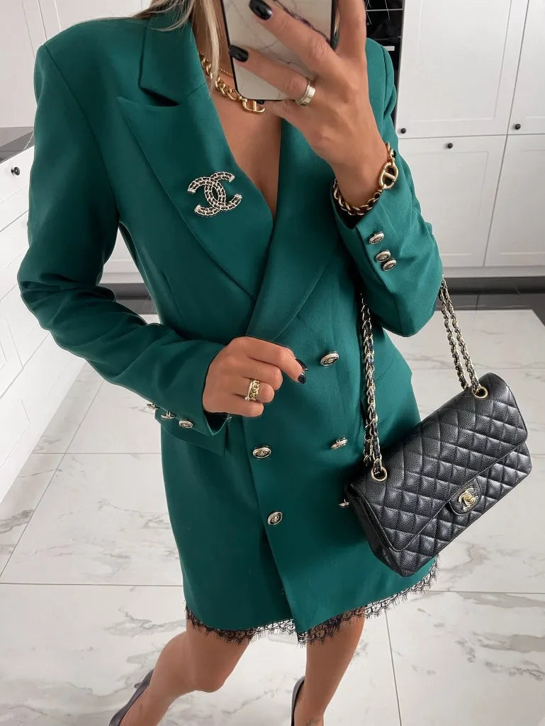 Office Lady Blazer Suit Dress Fashion Wrap V Neck Turndown Collar Sexy Mini Dress Women Long Sleeve Solid Blazer Party Dress - Seprincess