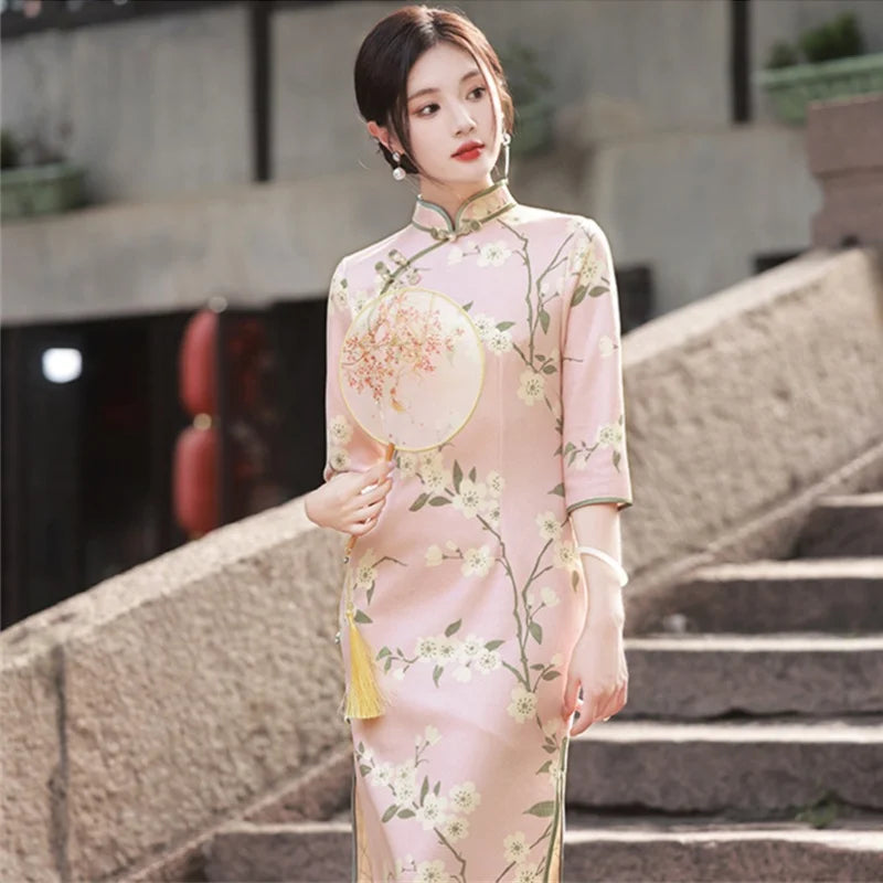 Elegant Print Qipao Chinese Style Costume Suede Fabric Long Cheongsam Stand Collar Mid Sleeve Side Slit Slim Fit Dress for Women - Seprincess