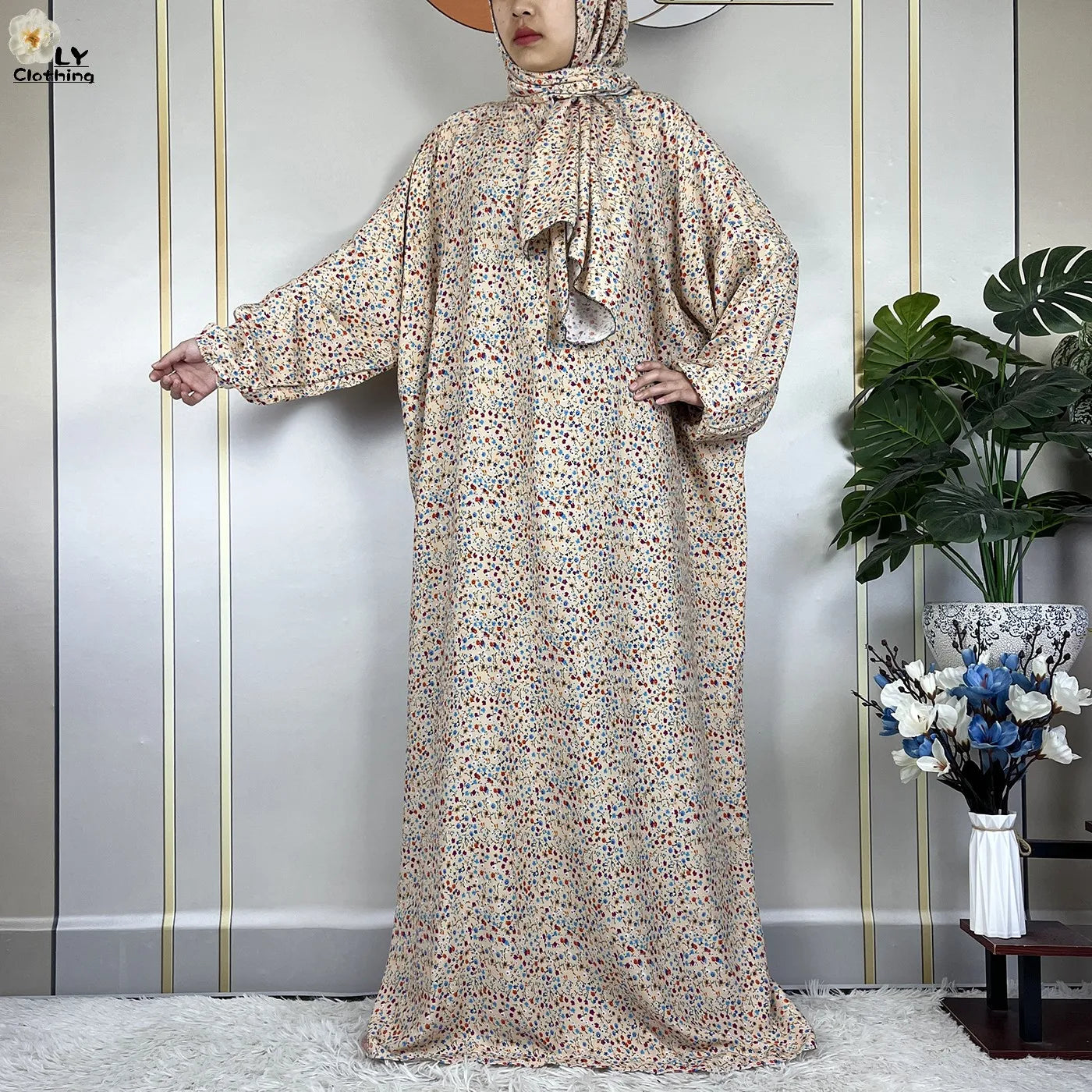 2024Latest Muslim Abayas For Women Ramadan Prayer Maxi Dubai Turkey Femme Cotton Robe Floral Loose African Dress Turban Attached