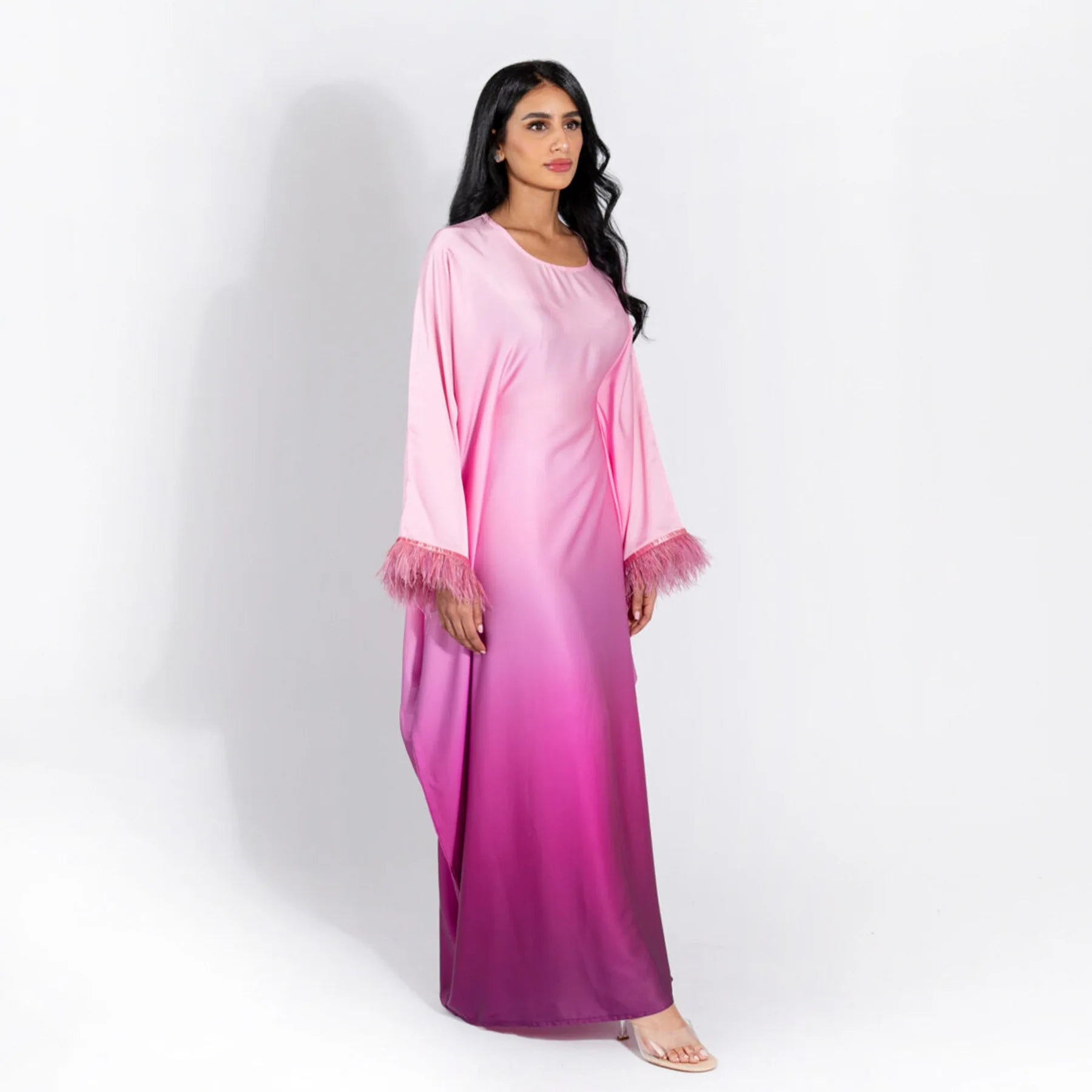 Fashion Shiny Feather Cuff Muslim Dress Robe Female Full Length Soft Butterflies Abaya Muslim Dress Worship Service Abaya wy2073 - Seprincess