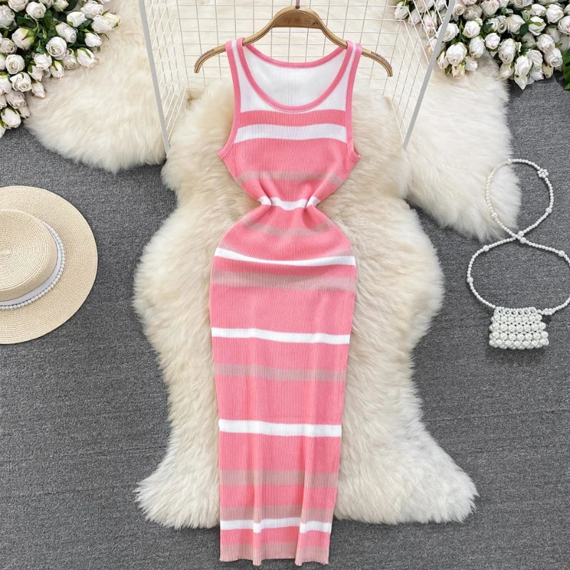 Chic Stripe O-neck Knit Elastic Bodycon Dress Sexy Beach Vacation Sundress Women Casual Slim Pencil Vestidos Maxi Long Dress - Seprincess