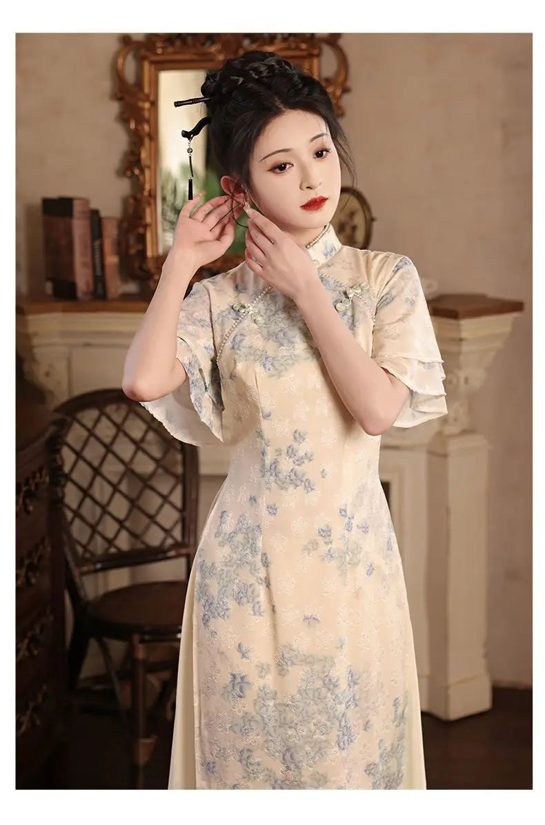 Improved Qipao 2024 New Summer Modern Chinese Style Blue Jacquard Short Sleeve Cheongsam For Women Youth Girls Long Party Dress - Seprincess