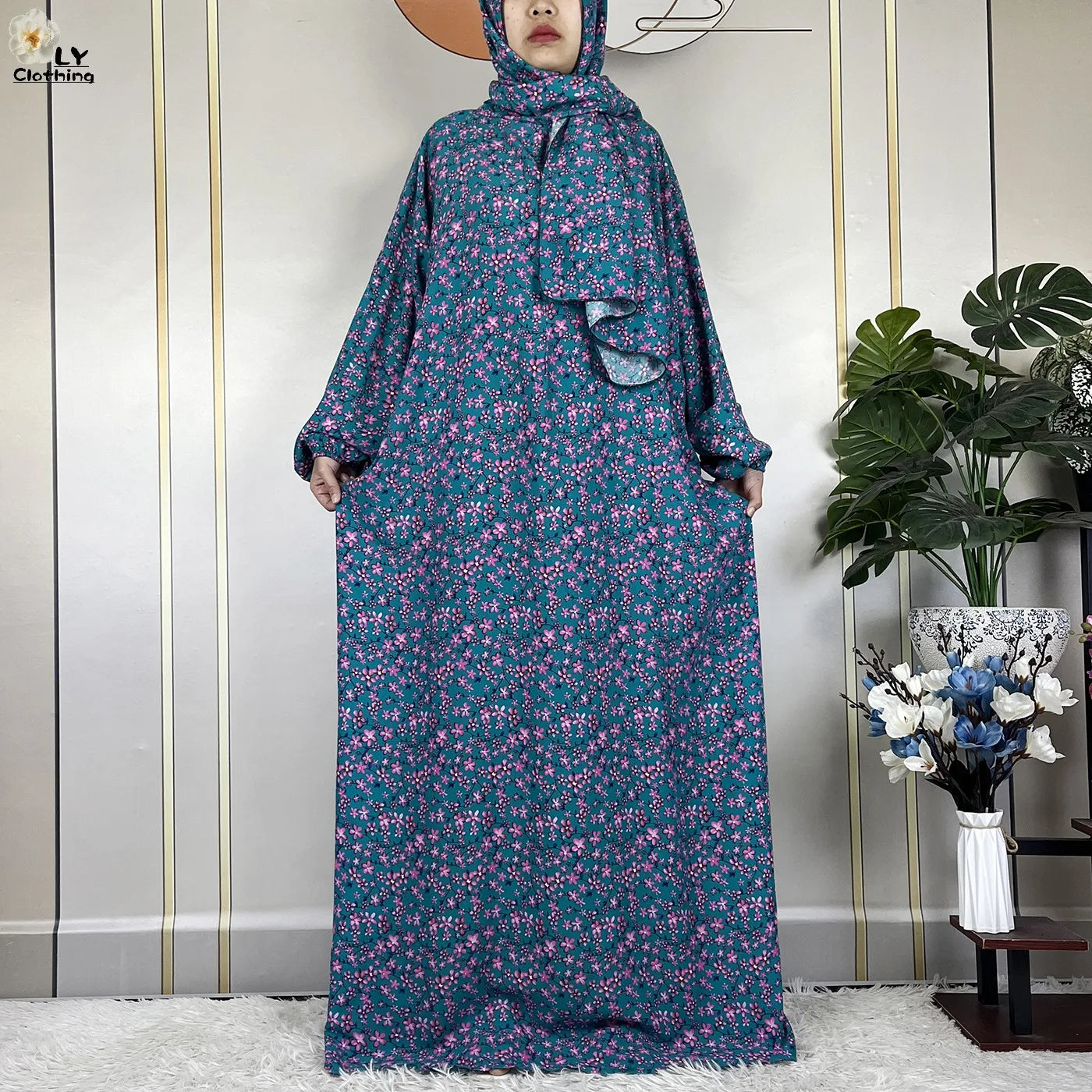 2024Latest Muslim Abayas For Women Ramadan Prayer Maxi Dubai Turkey Femme Cotton Robe Floral Loose African Dress Turban Attached