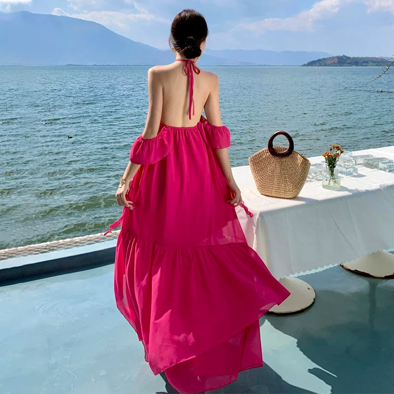 2024 Women Long Summer Formal Chiffon Sundress Halter Elegant Fairy Grunge Prom Dress New Honeymoon Vacation Party Night Dresses - Seprincess