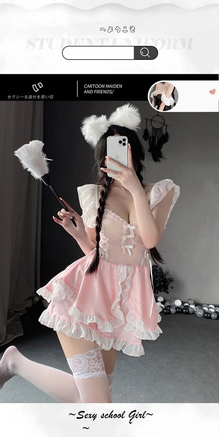 Erotic lingerie Maid's fluffy skirt with mesh transparent bow and lace Sexy women's costume 18 roles іgary Sex toys Sexy clothes - Seprincess