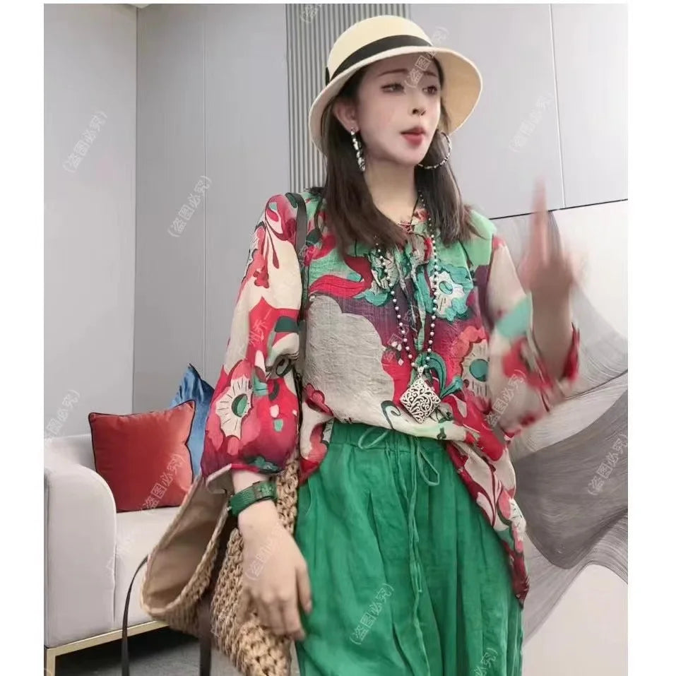 New Womens Cotton and Linen Clothing Sets Female Floral Long Sleeve Tops and Loose Pants Female 2PCS Outfits Plus Size