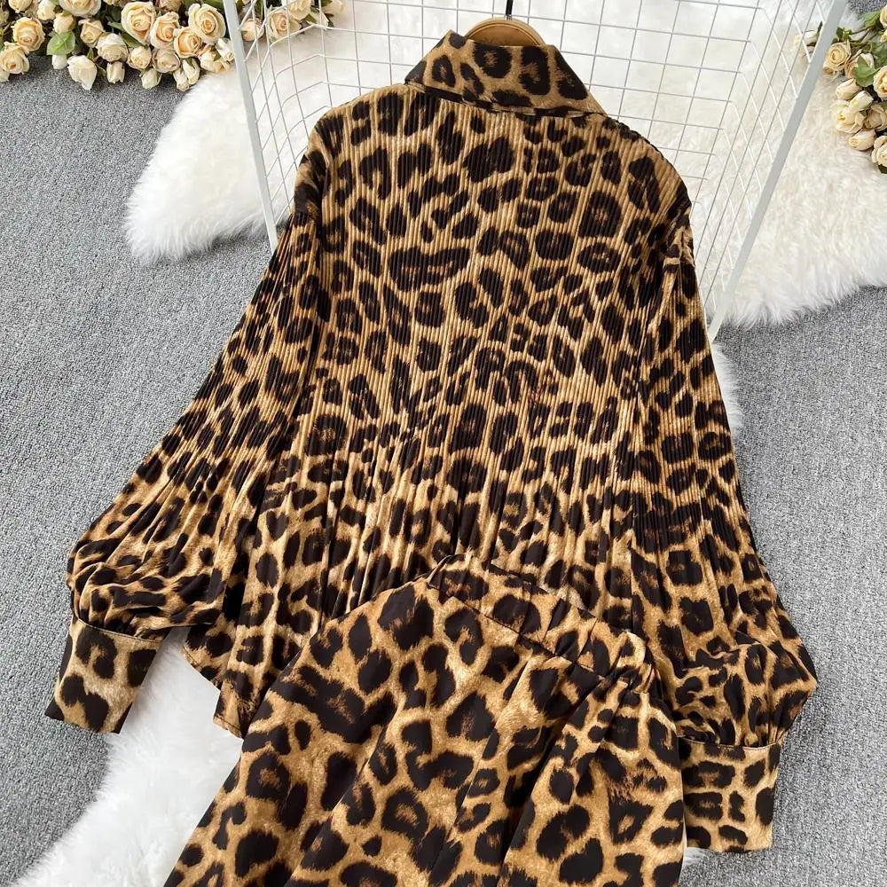 Autumn Elegant Women 2 Pieces Set Leopard Print Long Sleeve Shirts Casual Loose Pantalon Outfits New Fashion Vintage Sweatsuit - Seprincess