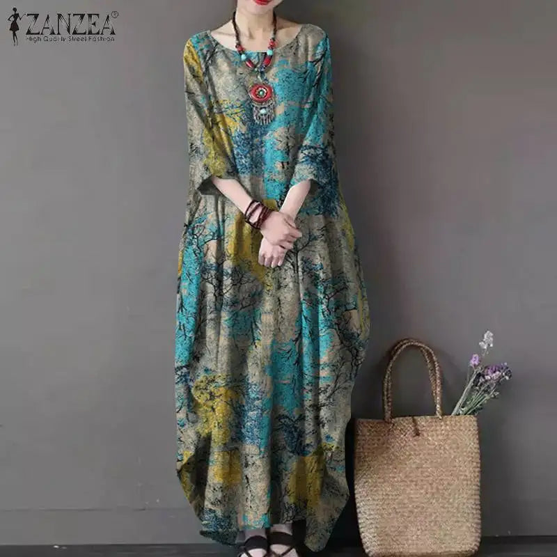 Vintage Printed Dresses ZANZEA Autumn Sundress Women Bohemian Casual Long Sleeve O Neck Dress Elegant Loose Maxi Vestidos Robe - Seprincess