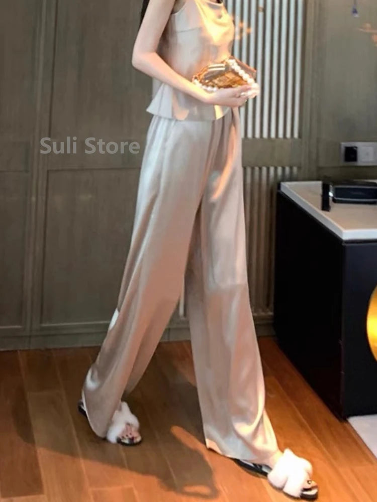 Acetate Satin Wide-Leg Pants for Women 2022 Summer New High Waist Drooping Mop Trousers Baggy Straight Trousers Tide