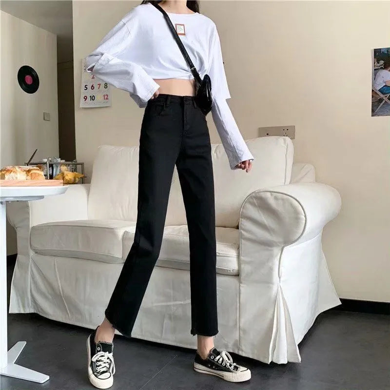 High Waist Straight Women's Jeans Tube Raw Edge Spring Autumn New Denim Jeans Small Nine Points Thin Black Raw Edge Trousers