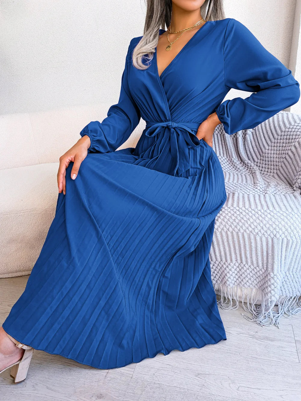 Women Elegant V Neck Long Sleeve Pleated Maxi Dress - Seprincess