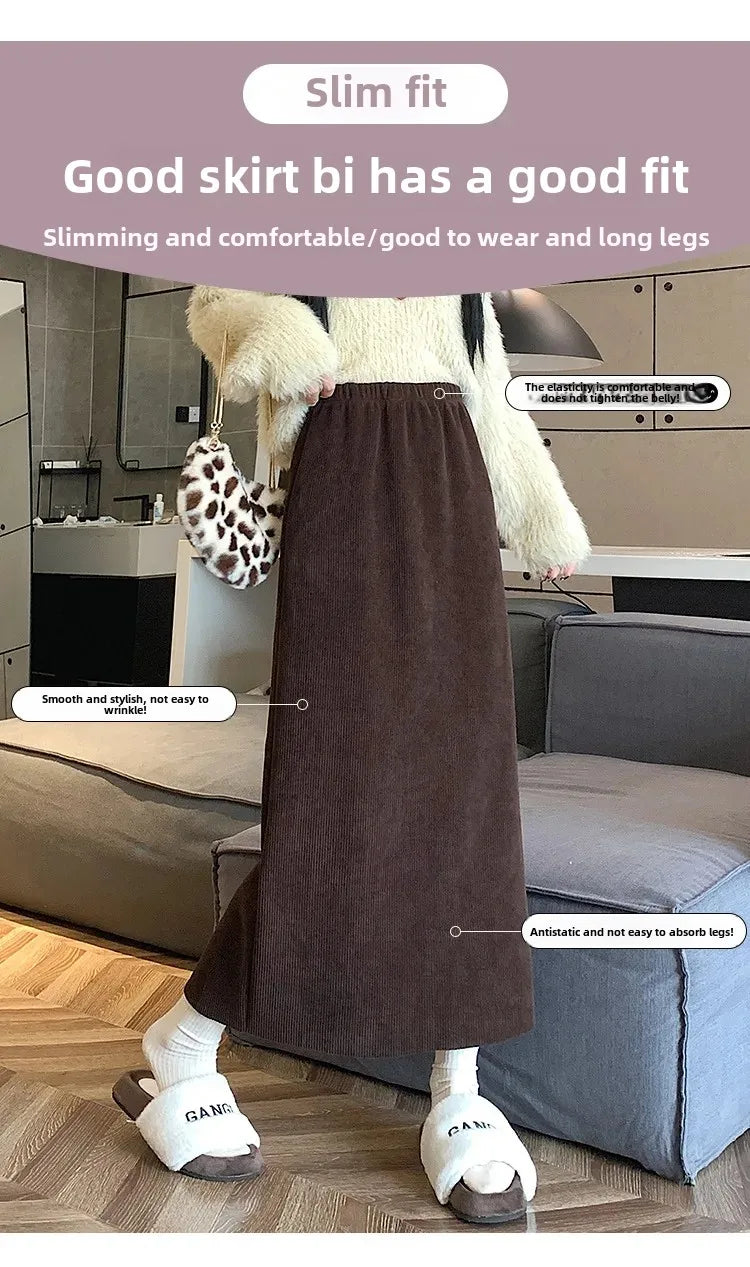 Thickened Fleece-Lined Corduroy Skirt Women's Autumn/Winter 2024 New Medium-Length A- Line Skirt With Side Slit High-Waisted