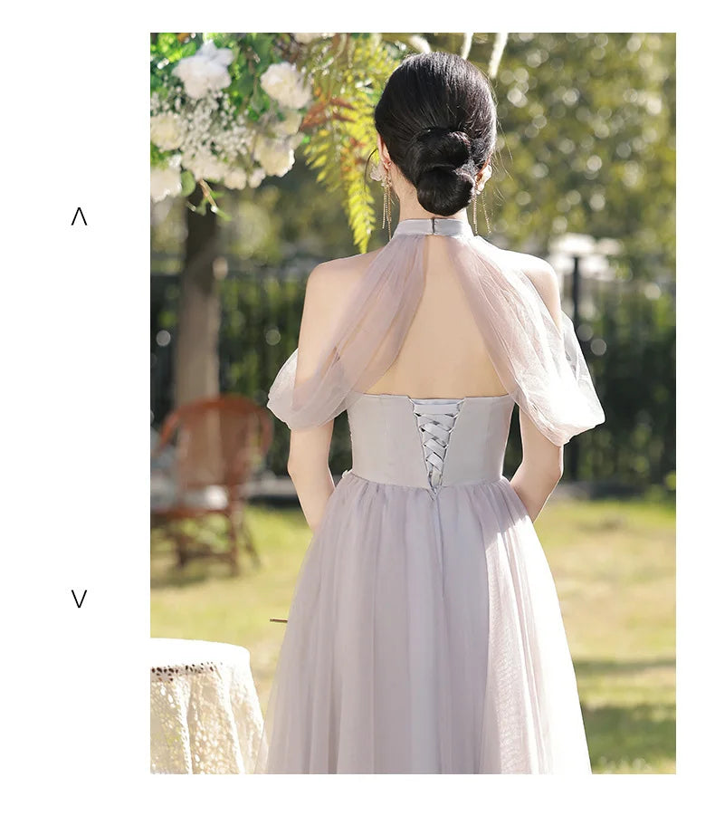 Temperament Grey Bridesmaid Dress Long Wedding Sisters Group Gown Elegant Applique Tulle Off Shoulder Banquet Party Vestido