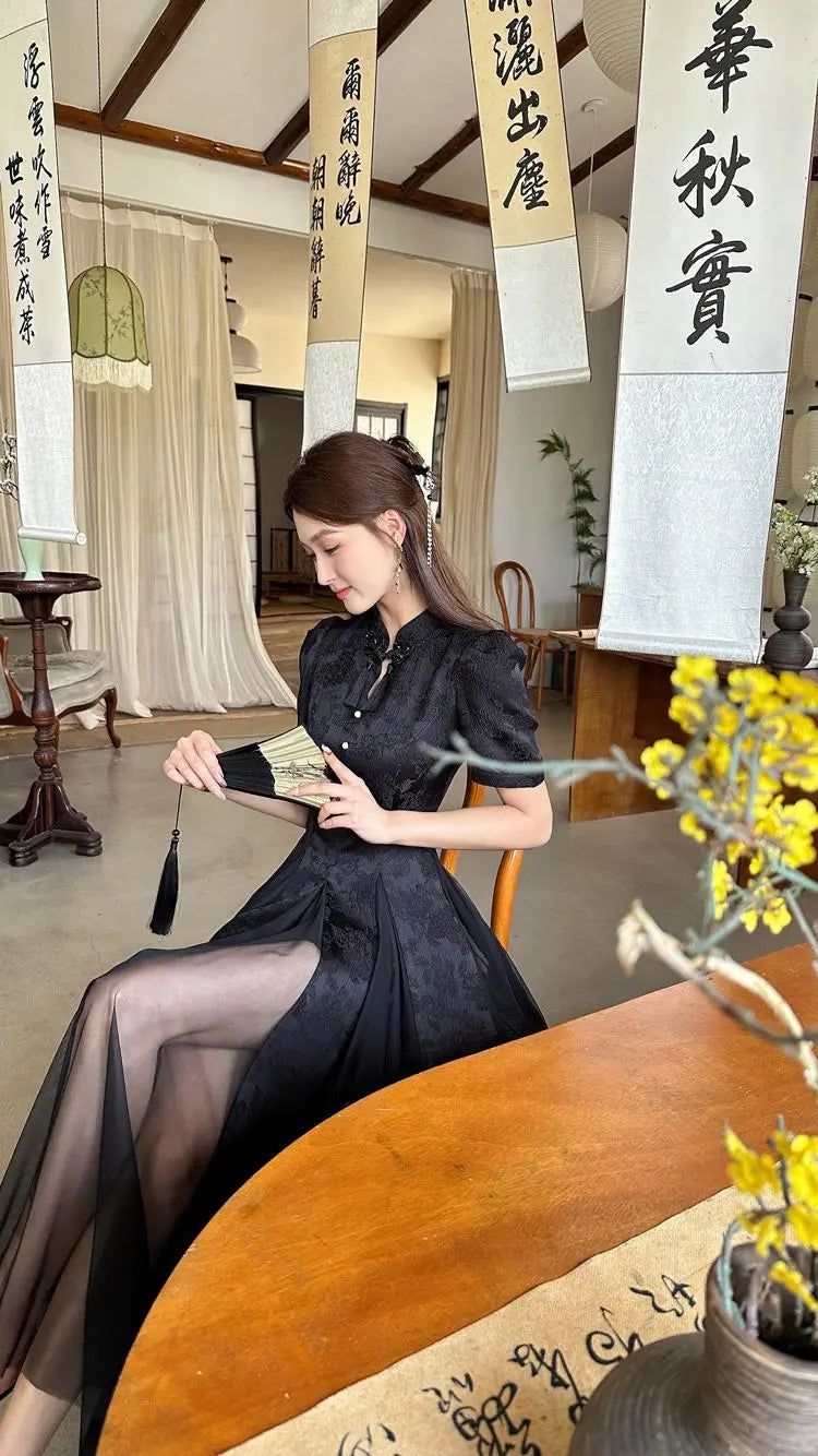 Women Fashionable New Cheongsam Black Advanced Mysterious Dress Qipao Improvement New Chinese Style Elegant Dress Summer - Seprincess