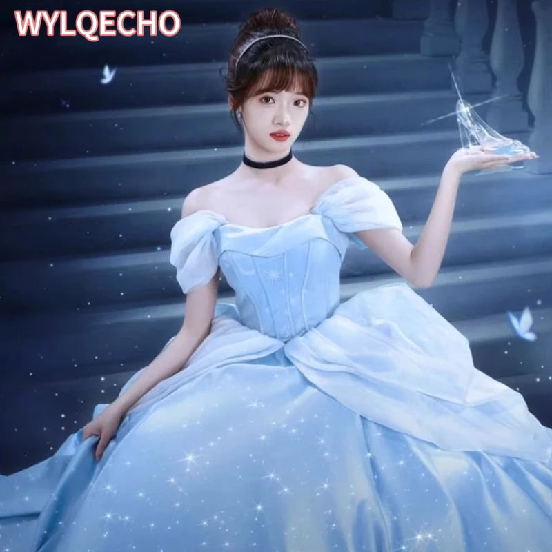 Blue Prom Dress Engagement Jacquard Dress France Vintage Sweet Korean Princess Fairy Dress Evening Party Dress - Seprincess