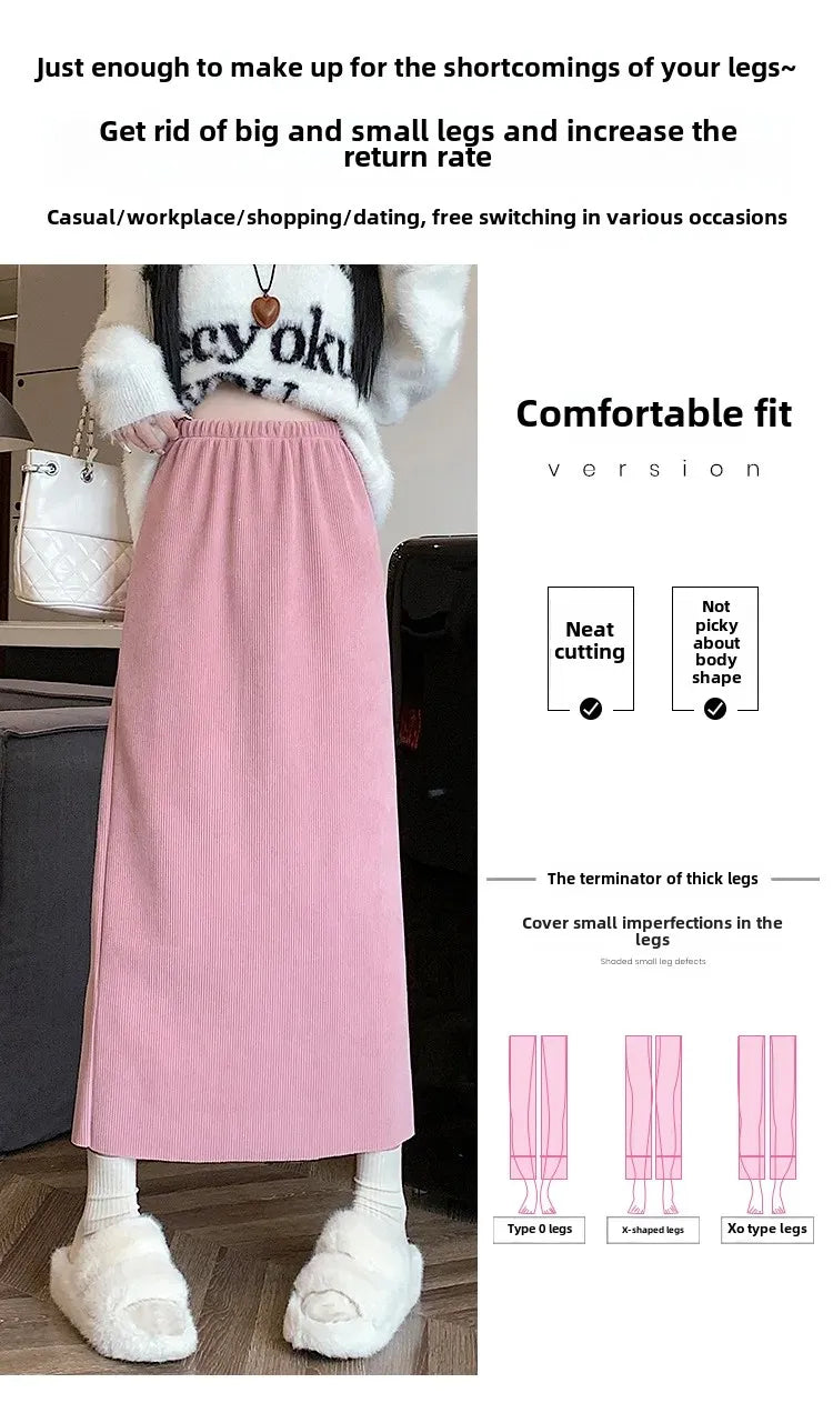 Thickened Fleece-Lined Corduroy Skirt Women's Autumn/Winter 2024 New Medium-Length A- Line Skirt With Side Slit High-Waisted