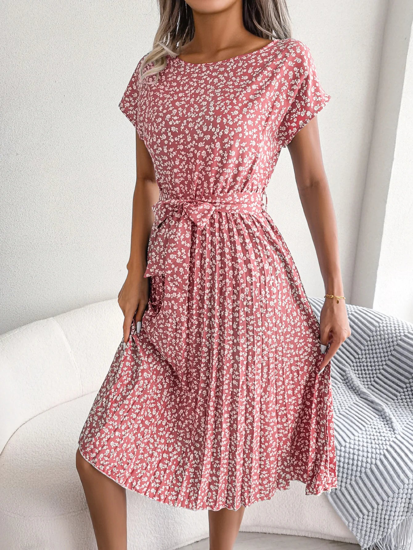 Women Spring Summer Short Sleeve High Waist Chic Dress Fashion Floral Pleated A Line Long Dress