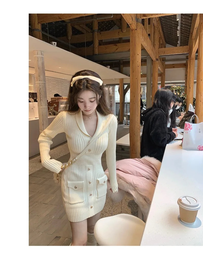 Gagaok Knitted Dress Women Spring Autumn New Solid Laple Full Pockets Mini Bodycon Dresses Slim Korean Winter Bottom Vestidos - Seprincess