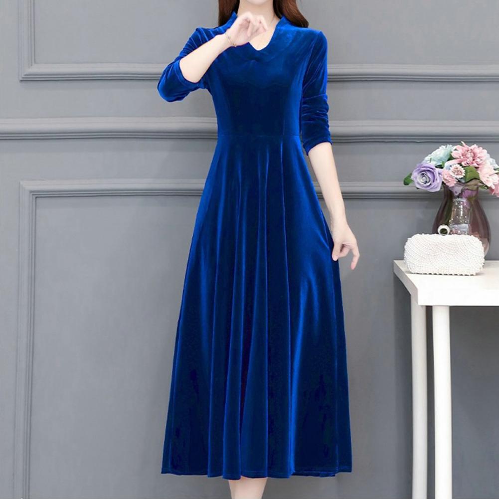 Velvet Vintage Women Maxi Dress OL Style Oversize Round Neck Long Sleeves Evening Dress 	Slim Fit Pleated Bodycon Prom Dress - Seprincess