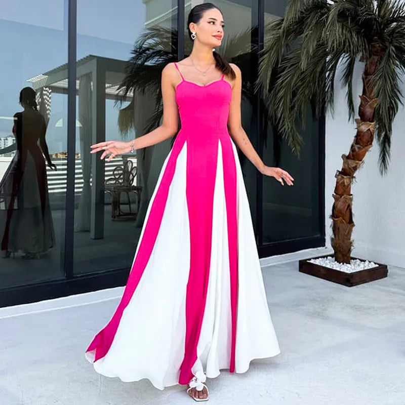 Fashion Contrasting Color Spaghetti Strap Dress For Women Elegant Gauze Backless A-line Long Dresses New Lady Party Evening Gown - Seprincess