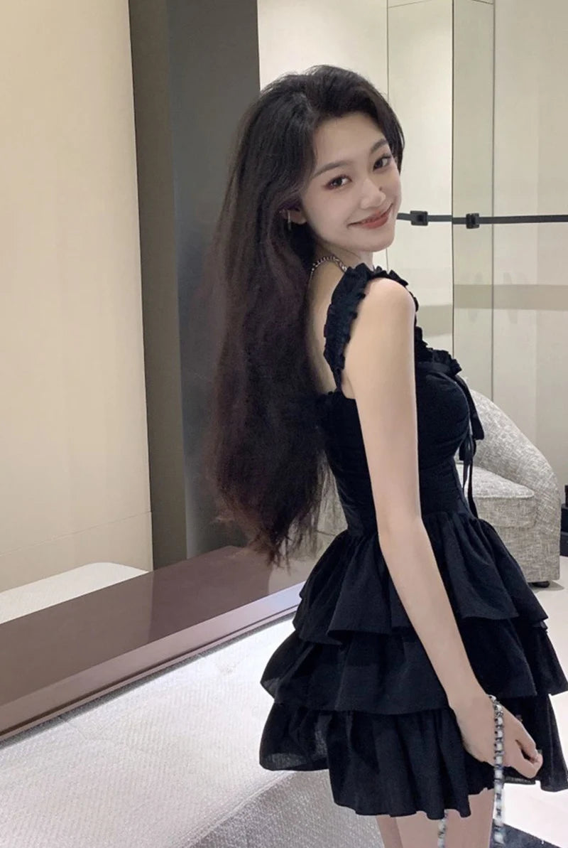 Jmprs Sexy Slip Lolita Style Black Dress Women Vintage Sleeveless Y2K Mini Dress Summer Slim Sweet Korean Lace Up Cake Dress New - Seprincess