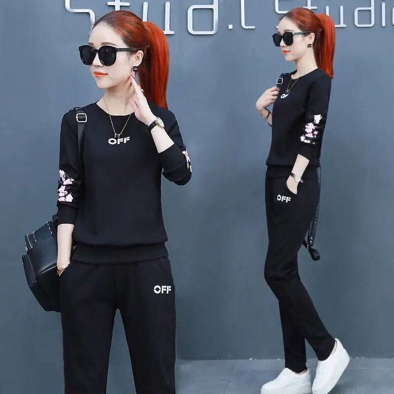 2022 Summer New Daisy Loose Pants Suit Women's Track Korean Version Splicing Long Sleeved Top and Trousers Two Piece Set - Seprincess