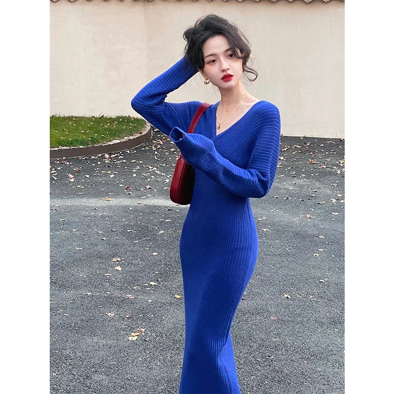 Elegant Knitted Midi Dress Women Fashion Black Sexy V Neck Sweater Dresses Winter Ladies Korean Bodycon Chic A Line Vestidos New - Seprincess