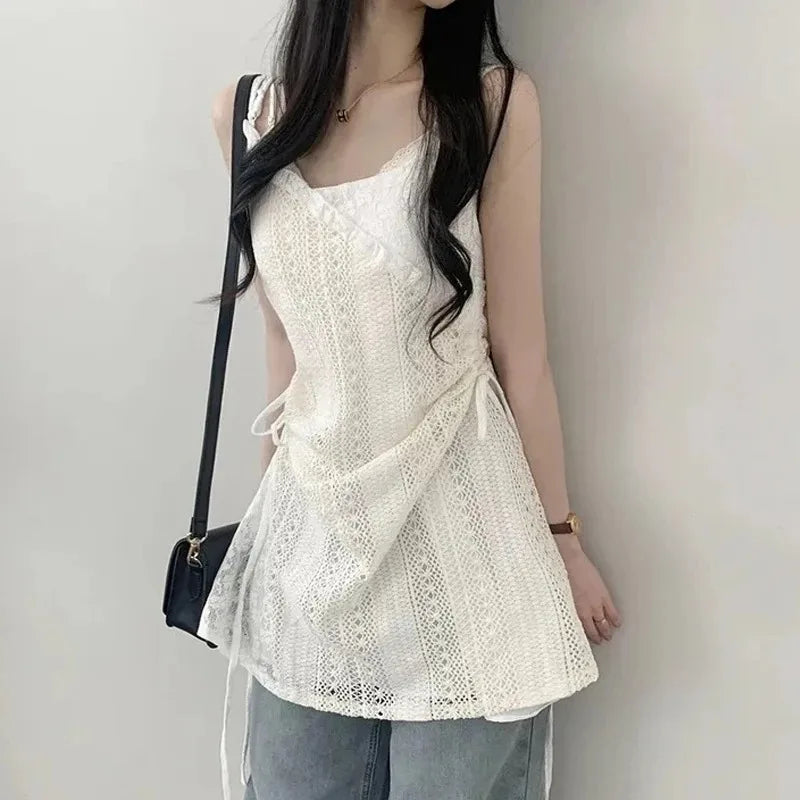 Summer Dress Women Chic French Lace Stitching Sling Shirt Stacked Gauze Knitted Dress Overskirt Inner Wear Base Short Dress - Seprincess