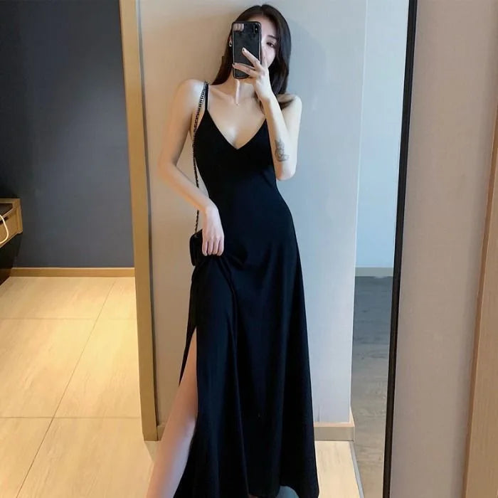 Halter black dress sexy V-neck base retro long side slit black sleeveless dress for women - Seprincess