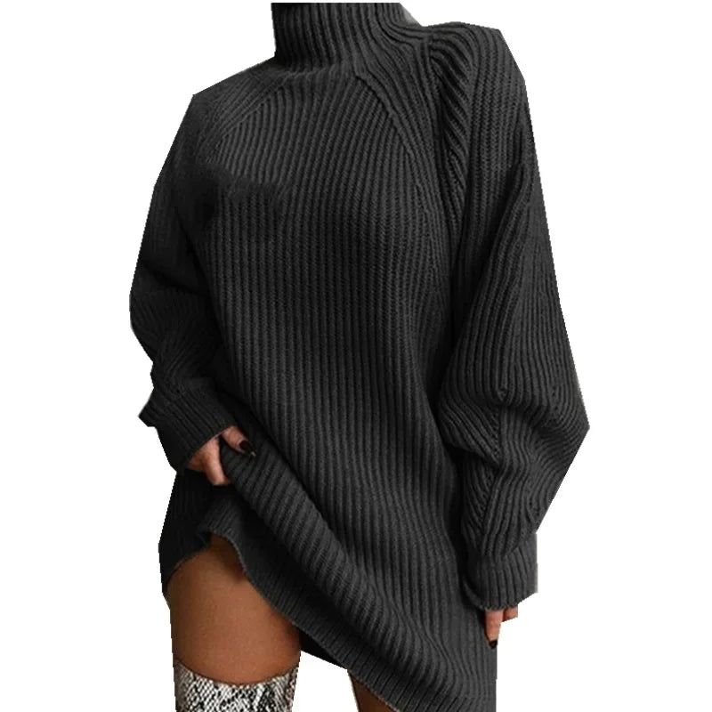 Women's Solid Color Loose Knitted Dress 2023 Autumn Winter New Dress Sweater Women Long Sleeve Turtleneck Pullover Dress Sweater - Seprincess