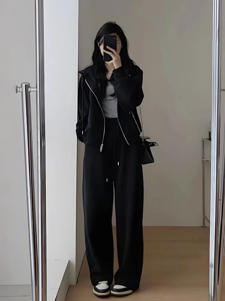 2024 Autumn Winter New Solid Loose Women's Hoodie and Sweatpants Two Piece Set Korean Fashion Y2k Zip Up Hoodie Sweatshirts - Seprincess