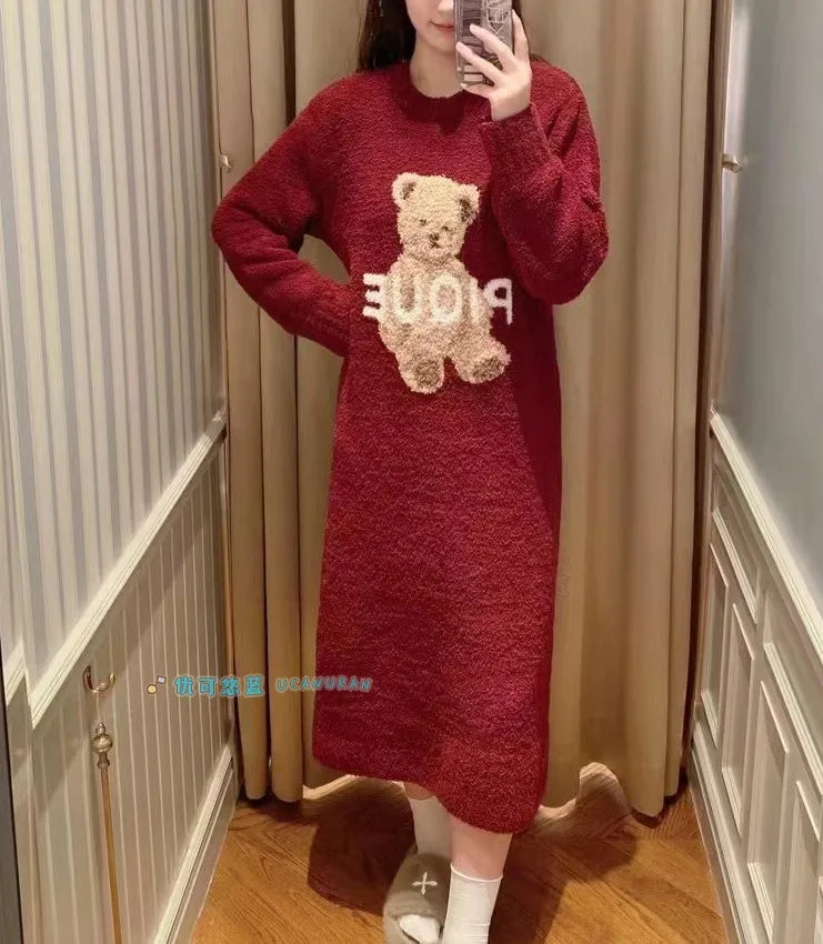 Japan Style Original New Year Teddy Bear Plaid Winter Thick Pajamas Knitted Sweaters Gown Wine Sleepwear Loungewear - Seprincess