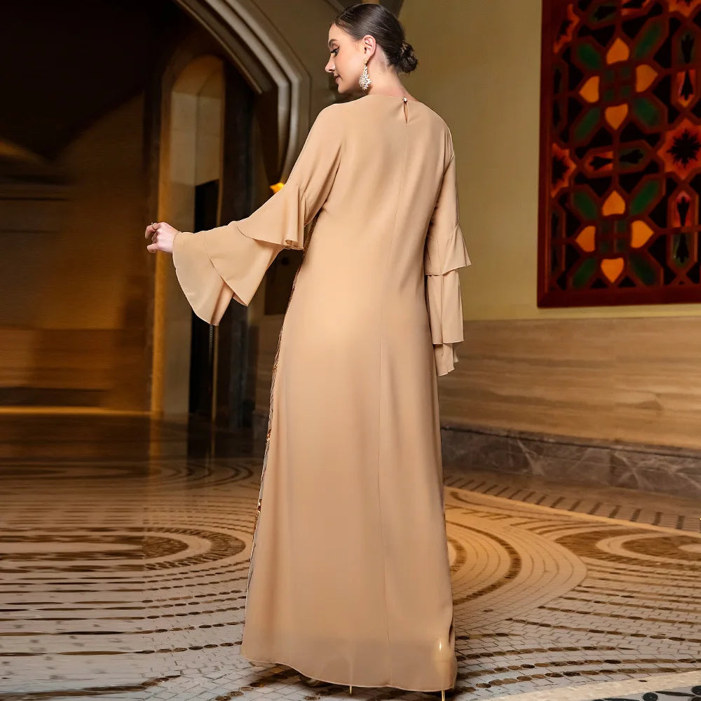 Eid Muslim Sequins Dress for Women Abaya Ramadan 3 Layers Butterfly Sleeve Long Abayas Woman Robe Moroccan Caftan Vestidos - Seprincess