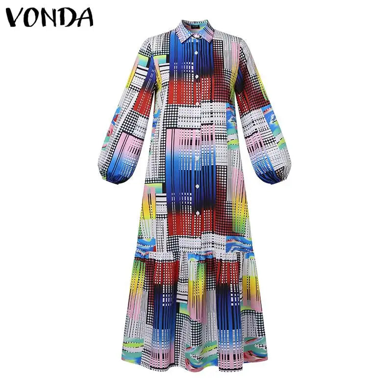 VONDA Plus Size Bohemian Printed Dress 2024 Autumn Women Elegant Long Sleeve Vintage Maxi Sundress Casual Buttons Loose Robe 5XL - Seprincess