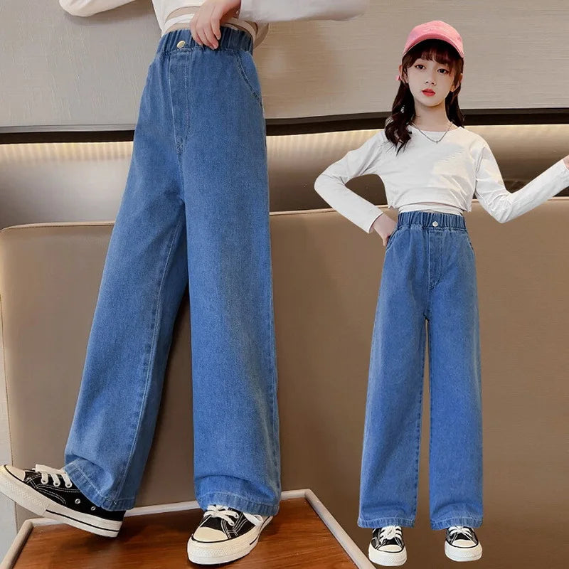 Teenage Jeans for Girls 2024 Spring Summer Casual All-match Loose Kids Leg Wide Pants School Children Trousers 4-16 Years