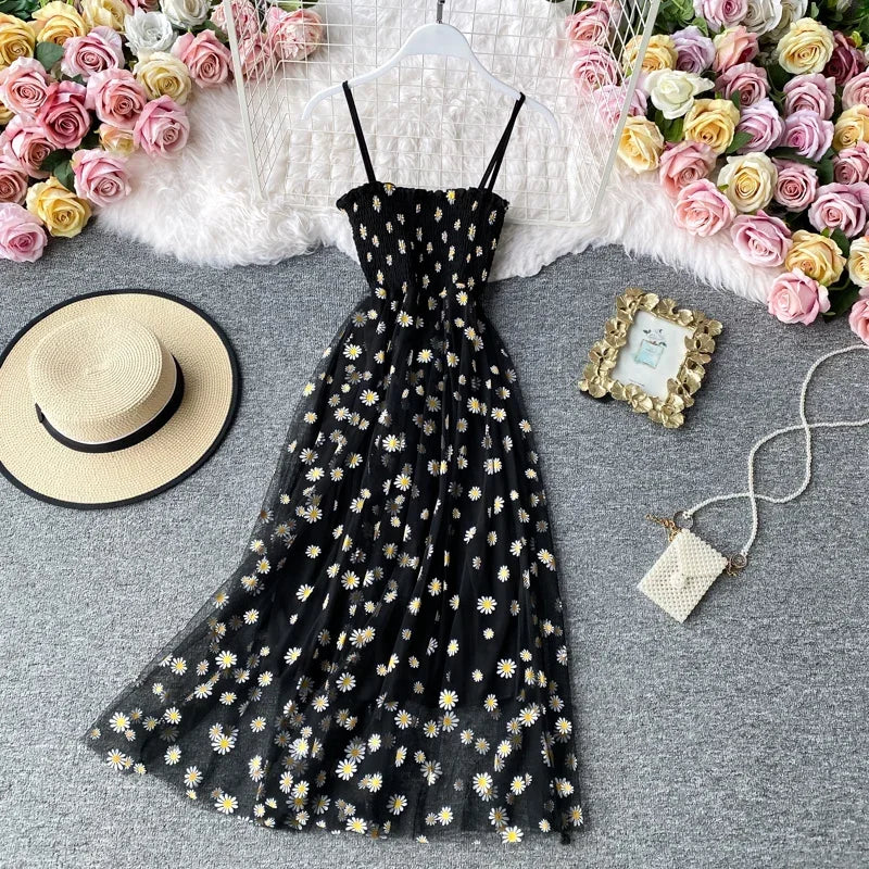 Women daisy Print Dresses Summer Sexy Lace Mesh Dress Spaghetti Strap Ruched Floral Vestidos Korean Style Long Dress - Seprincess