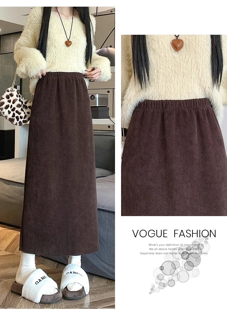 Thickened Fleece-Lined Corduroy Skirt Women's Autumn/Winter 2024 New Medium-Length A- Line Skirt With Side Slit High-Waisted