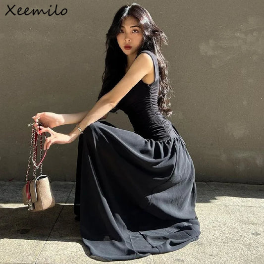 WhereMery Women Summer Party Long Dress Sexy Ruched Bodycon Black Maxi Dresses 2024 Elegant Temperament High-waist Vestidos New - Seprincess