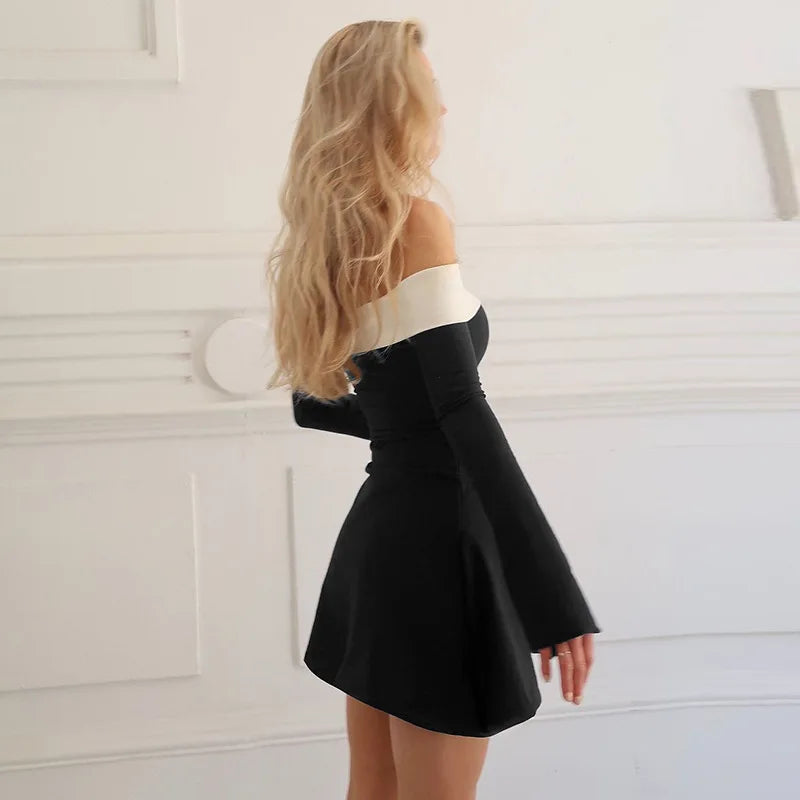 Mozision Off-shoulder Long Sleeve Mini Dress For Women Autumn Winter New Patchwork Strapless Backless A-line Sexy Dress Elegant - Seprincess