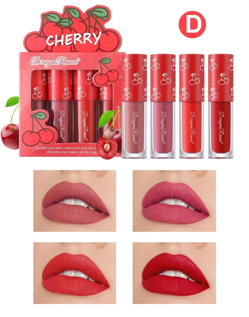 4pcs/set Matte Fruit Lip Glaze Long Lasting Liquid Lipsticks Mini Matte Lip Glaze Set Non-Fade Non-Stick Waterproof Lipsticks - Seprincess