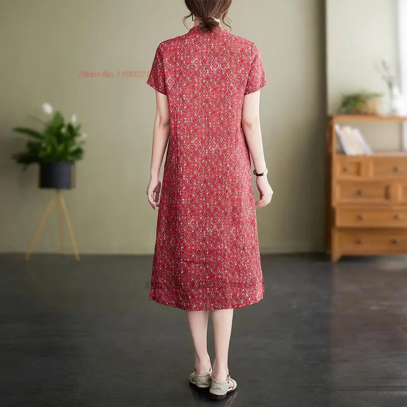 2024 chinese improved cheongsam dress traditional flower print cotton linen dress qipao vintage chinese dress folk style qipao - Seprincess