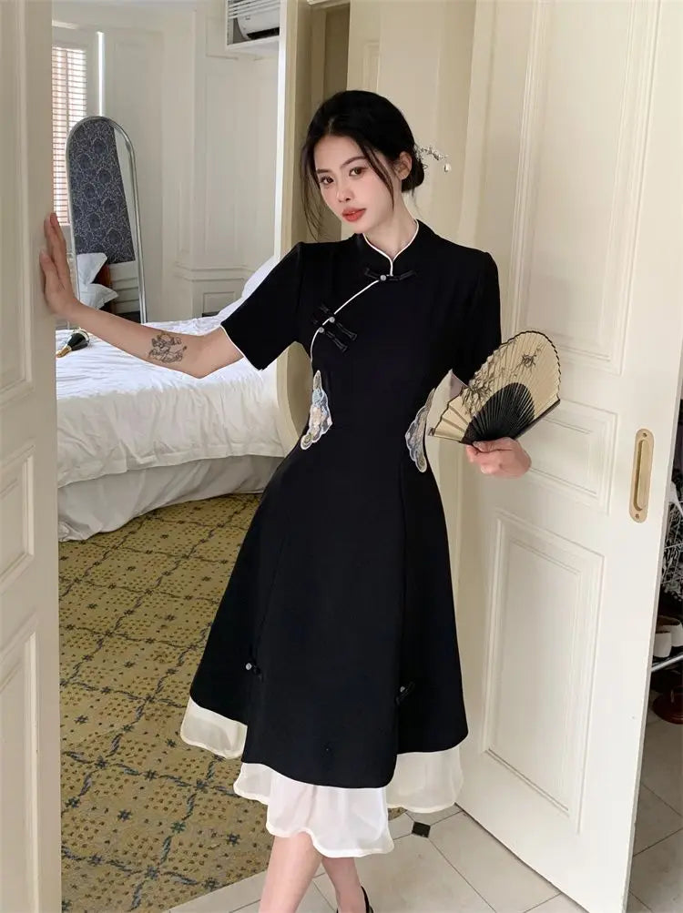 2023 Chinese Improved Hanfu Cheongsam Dress Women A Line Qipao New Fashion Style Short Sleeve Casual Daily Lady Cheongsam Dress - Seprincess