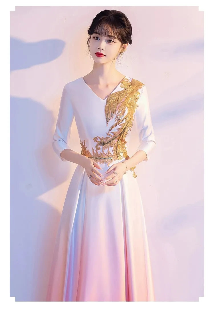 Fashion Gradient Evening Party Dress Cheongsam Sexy V-Neck Long Vestidos Host Choir Performance Dresses Female Oversize Qipao - Seprincess